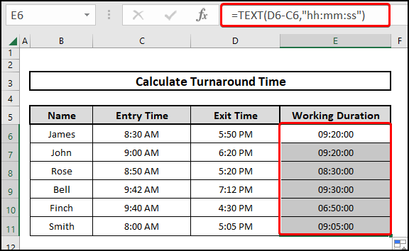the result of using the TEXT function to calculate the turnaround time in Excel