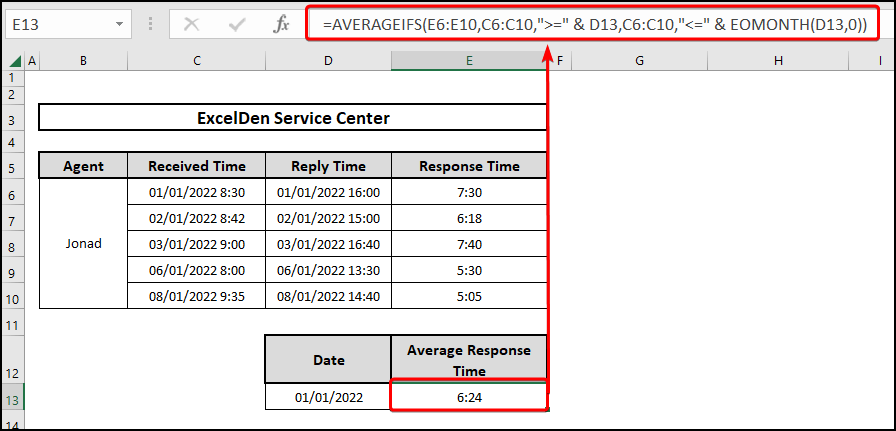 Using the AVERAGEIFS and EOMONTH functions to calculate average response time in Excel