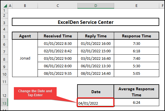 Changing the date to calculate the average response time in Excel