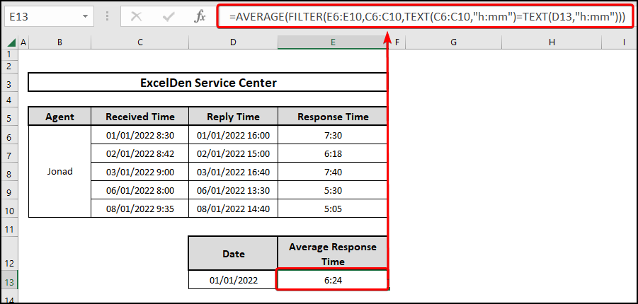 Using the AVERAGE, FILTER, and TEXT functions to calculate the average response time in Excel