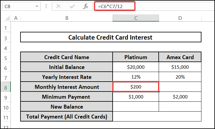 Inserting formula fro calculating monthly interest rate