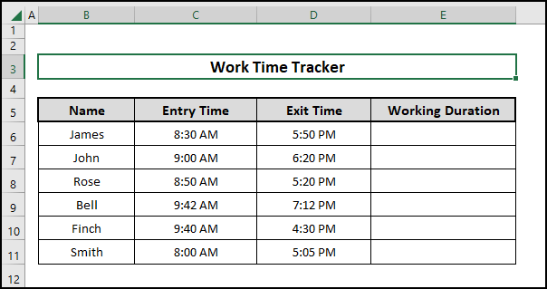 Sample dataset containing the work time tracker
