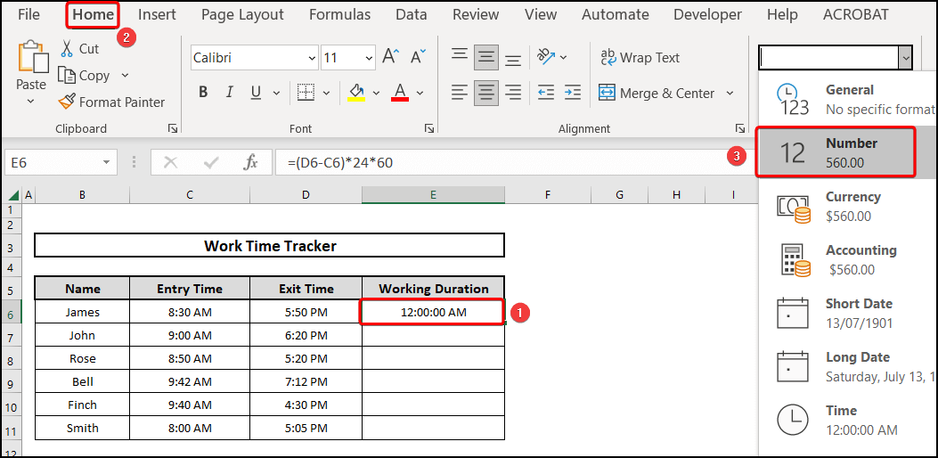 Inserting the Number Format to calculate the duration of time in Excel