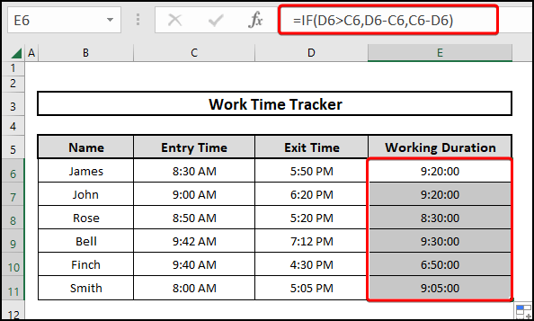 The result of using the IF function to calculate the duration of time in Excel