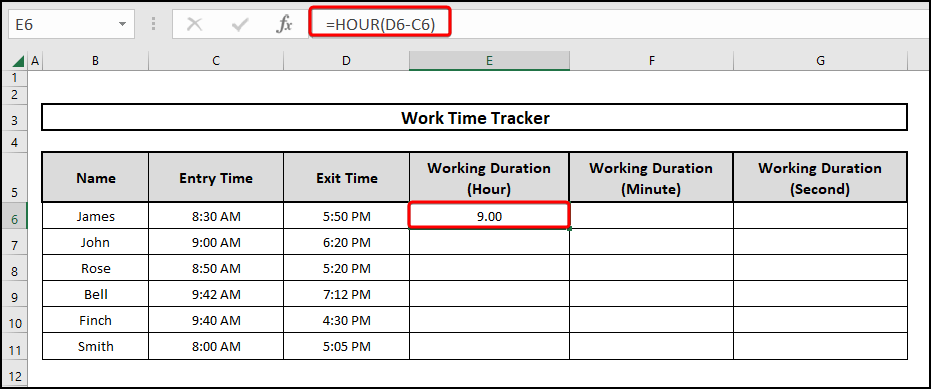 Using the HOUR function to calculate the duration of time in Excel