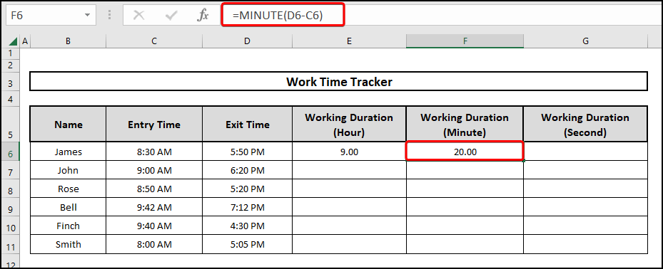 Using the MINUTE function to calculate the duration of time in Excel