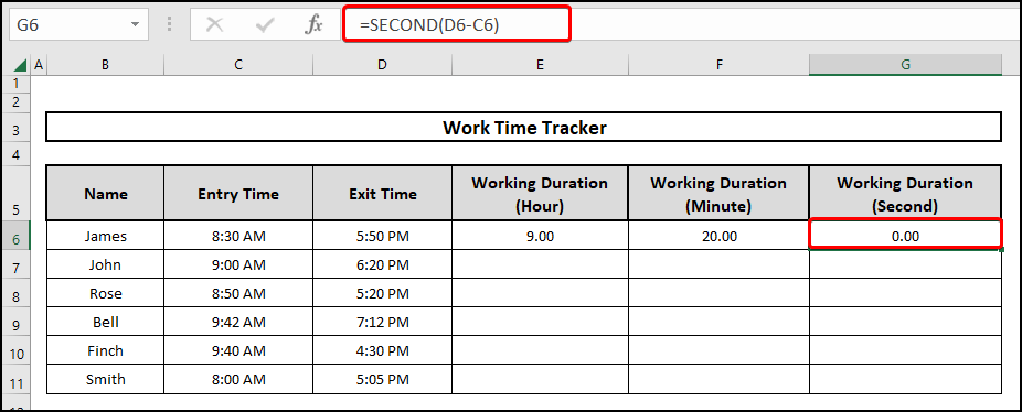 Using the SECOND function to calculate the duration of time in Excel
