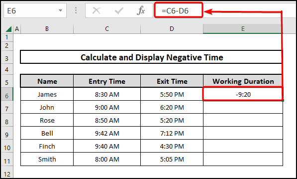 Calculating the negative time in Excel