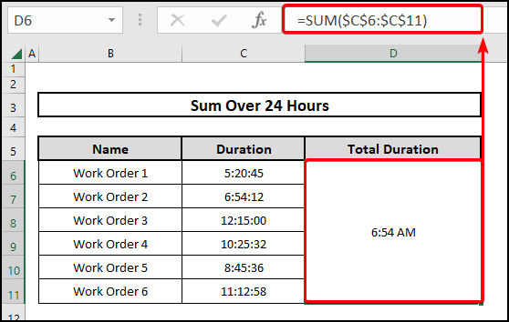 Using the SUM function to sum over 24 hours in Excel