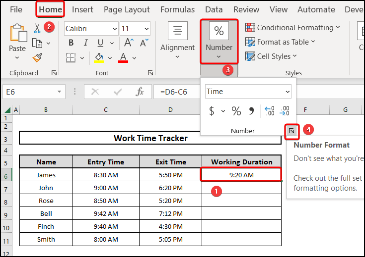 Inserting the Number Format to calculate the duration of time in Excel