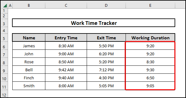The result after dragging the fill handle icon to calculate the duration of time in Excel