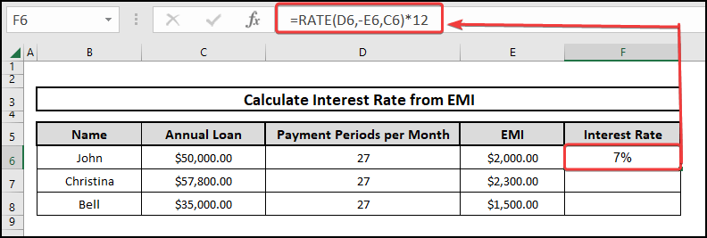 Using the RATE function to Calculate Interest Rate from EMI in Excel