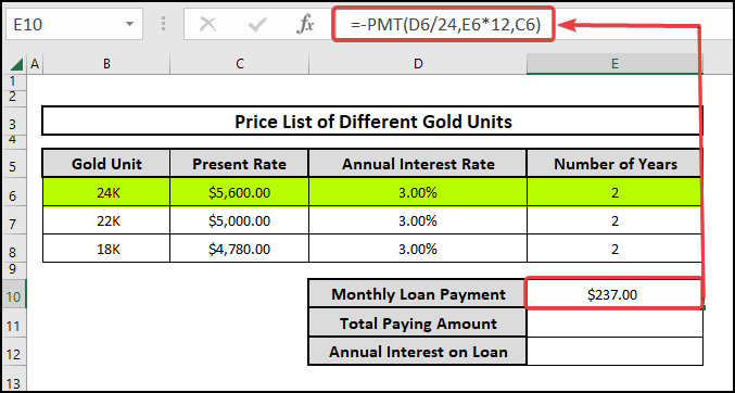 Using the PMT function to calculate gold loan interest in Excel