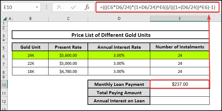 Using a generic formula to calculate gold loan interest in Excel