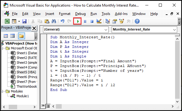 VBA Macro code to calculate the annual and monthly interest rate in Excel.
