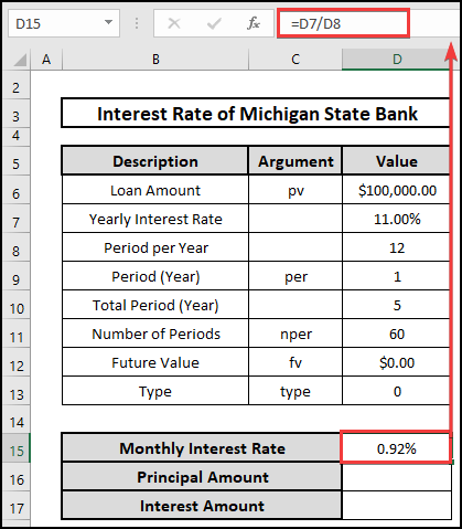 Calculate the monthly interest rate in Excel from the yearly rate. 
