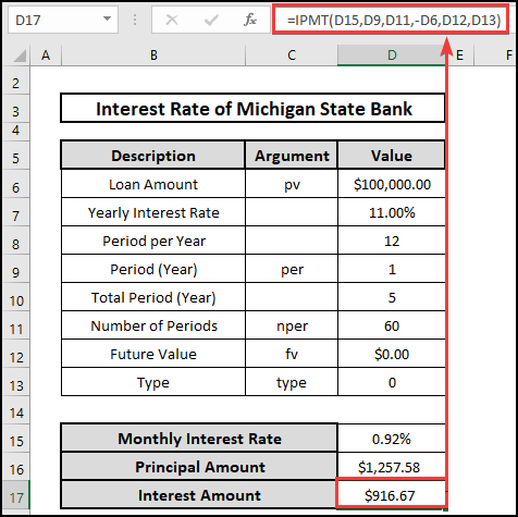 IPMT function to measure the Interest amount of a loan. 