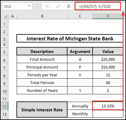 Calculation of annual interest rate using the simple interest rate formula.