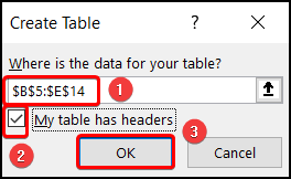 Selecting range from the Create Table dialogue box