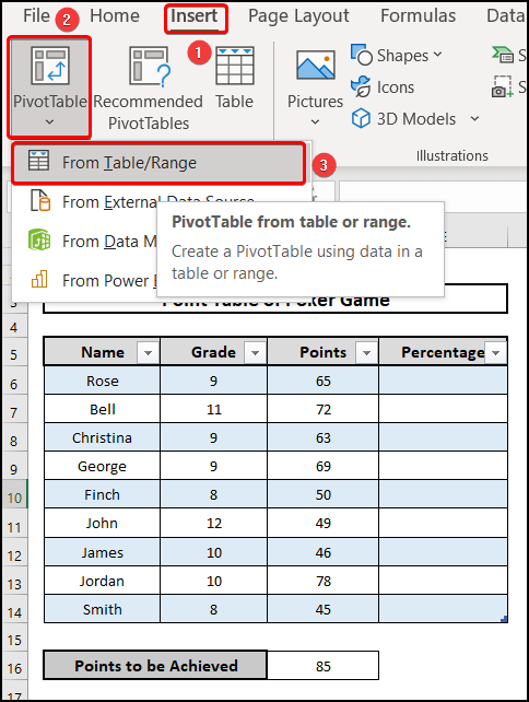 Choosing the PivotTable from the Insert tab