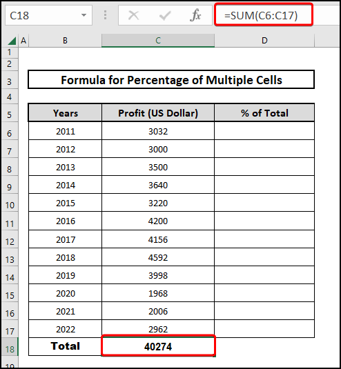 Applying the SUM function to calculate the percentage for multiple cells in Excel
