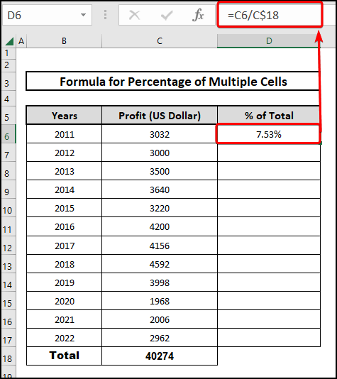 Applying Excel formula to calculate the percentage for multiple cells in Excel