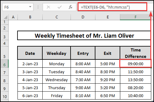 Use of Excel TEXT function to compute the time difference between Exit time and Entry time expressed in PM and AM respectively.