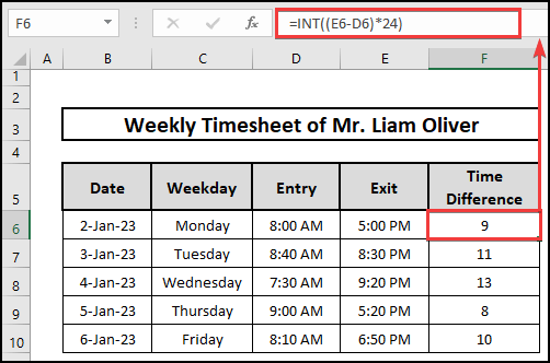 Use of INT function to measure the time difference between AM and PM in Excel.