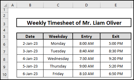 Dataset named Weekly Timesheet of Mr. Liam Oliver.