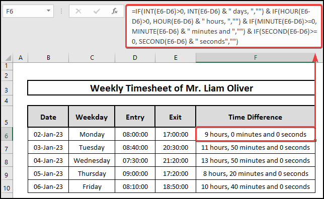 Use of IF, INT, HOUR, MINUTE, and SECOND functions to calculate the time difference between Exit time and Entry time expressed in PM and AM respectively in Excel.