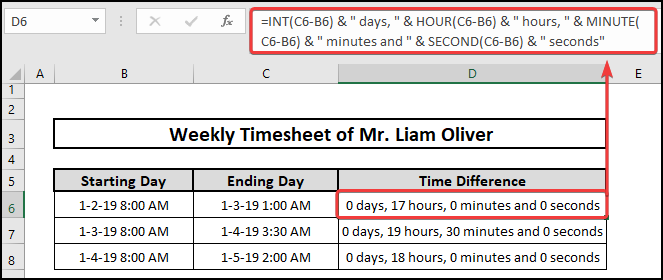 Use of INT, HOUR, MINUTE, and SECOND functions to calculate the time difference between two times after midnight in Excel.