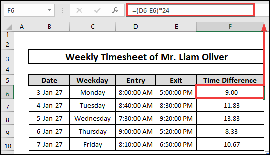 Subtracting Entry time from the Exit time to calculate the time difference considering AM and PM in Excel and display the negative time.