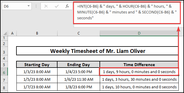 Use of INT, HOUR, MINUTE, and SECOND functions to calculate the time difference between the time over 24 hours in Excel.