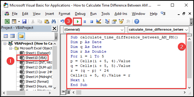 Inserting Excel VBA code to calculate the time difference between Exit time and Entry time expressed in PM and AM respectively.