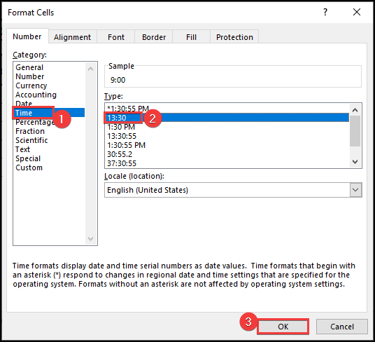 Changing the time format from the Format Cells box.