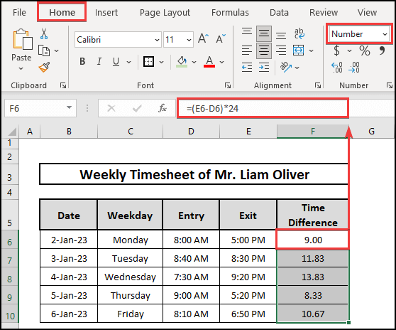 Subtracting Entry time from the Exit time to calculate the time difference in hours considering AM and PM in Excel.