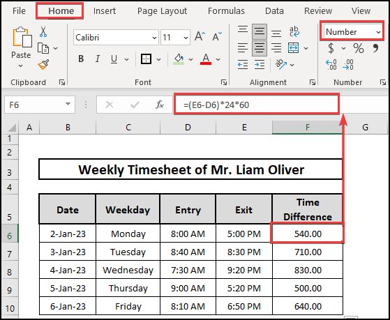 Subtracting Entry time from the Exit time to calculate the time difference in minutes considering AM and PM in Excel.