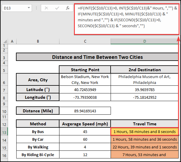 How to Calculate Travel Time Between Two Cities in Excel