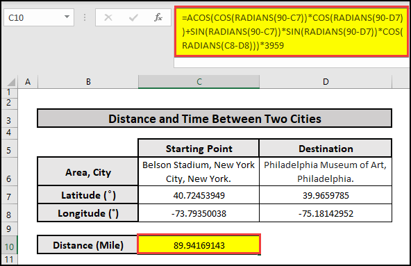 Use of ACOS, RADIANS, COS, and SIN functions to calculate the distance between two cities in Excel.