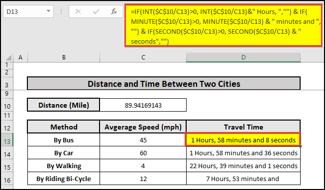 Use of INT, IF, MINUTE, and SECOND functions to measure the travel time between cities in Excel.