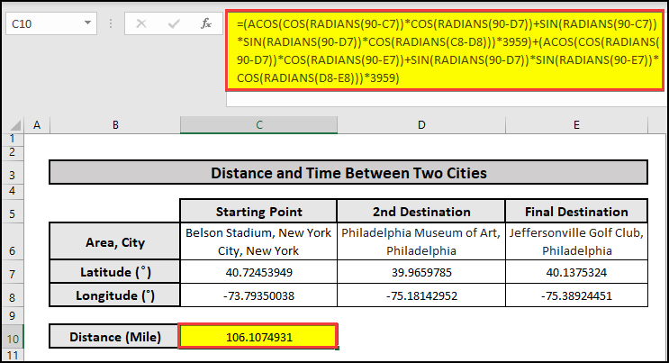 Use of ACOS, RADIANS, COS, and SIN functions to calculate the distance between multiple cities in Excel.