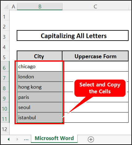 Select and copy cells to capitalize