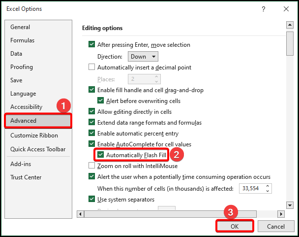 Enable flash fill in Excel