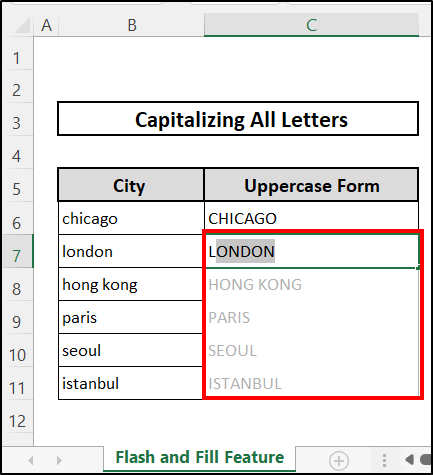Using Flash Fill to capitalize all letters in Excel without formula