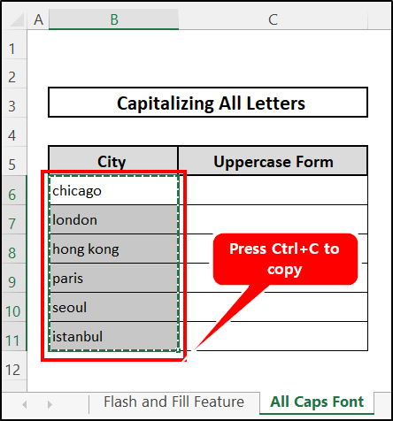 Copy data to capitalize all letters in Excel without formula