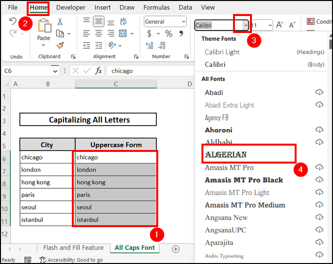 Changing font to capitalize all letters in Excel without formula
