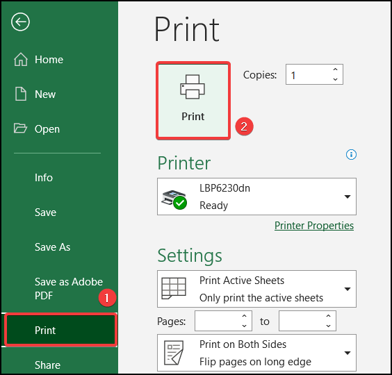 Applying the Print option to convert Excel to PDF without converter