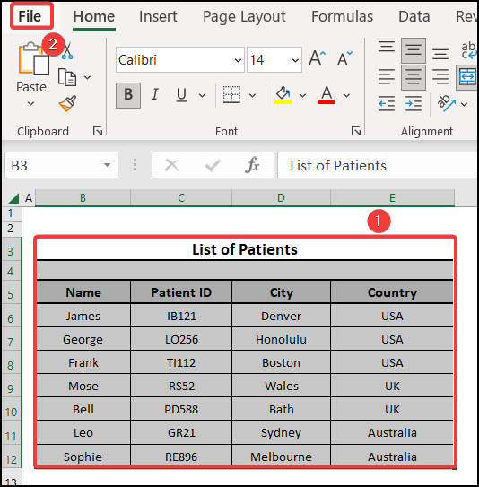 Choosing the File tab to convert Excel to PDF without converter