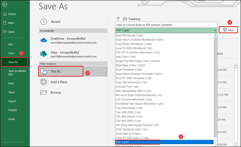Using the Save As option to convert Excel to PDF without converter