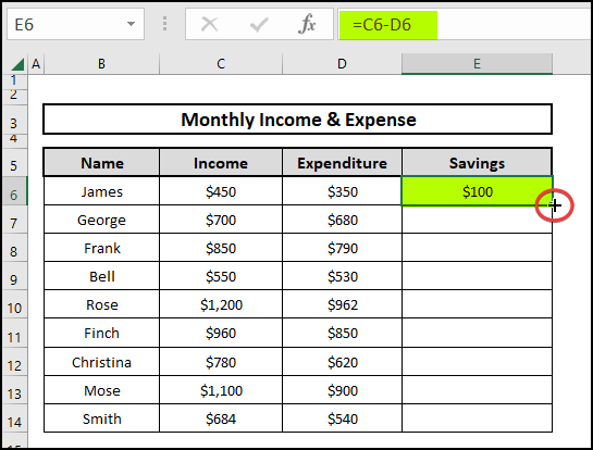 Using Excel formula on the dataset with the fill handle
